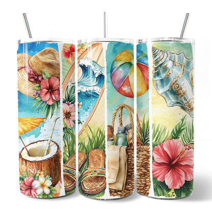 Summer Vibes 20oz Personalized Tumbler With Lid and Stainless Steel Straw, Brushstrokes Beach with Coconut and Flowers Gift Cup