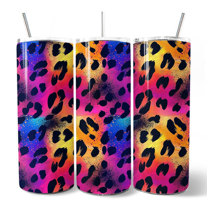 Vibrant Neon Leopard Print 20oz Personalized Tumbler With Lid and Stainless Steel Straw, Retro Rainbow Animal Pattern Gift Cup