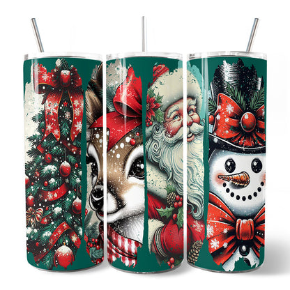 Vintage Tree, Reindeer, Santa and Snowman 20oz Personalized Tumbler With Lid and Stainless Steel Straw, Green Christmas Brushstrokes Gift Cup