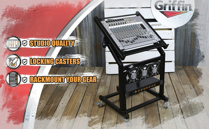 Rack Mount Rolling Stand & Adjustable Mixer Platform Rails by GRIFFIN - 19U Cart Holder for Music Studio Booth Pro Audio Recording Cabinet Equipment