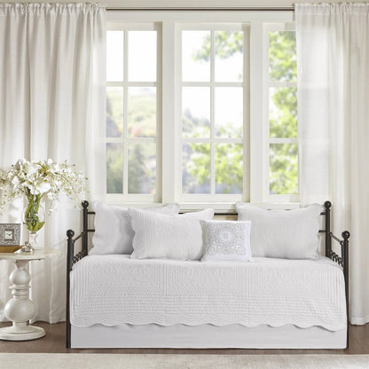 6-Piece Farmhouse White Daybed Cover Bedding Set with Scalloped Edges