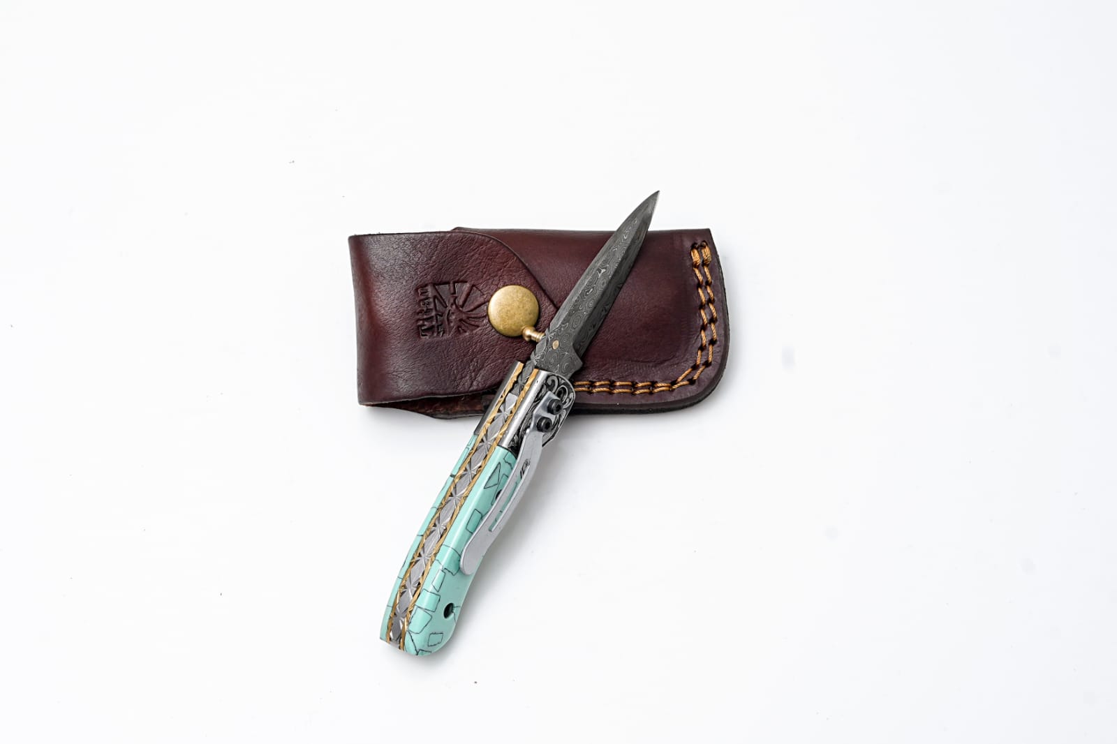 Turquoise Damascus Folding Knife – Hand Engraved Bolster Edition - TK-414