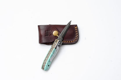 Turquoise Damascus Folding Knife – Hand Engraved Bolster Edition - TK-414