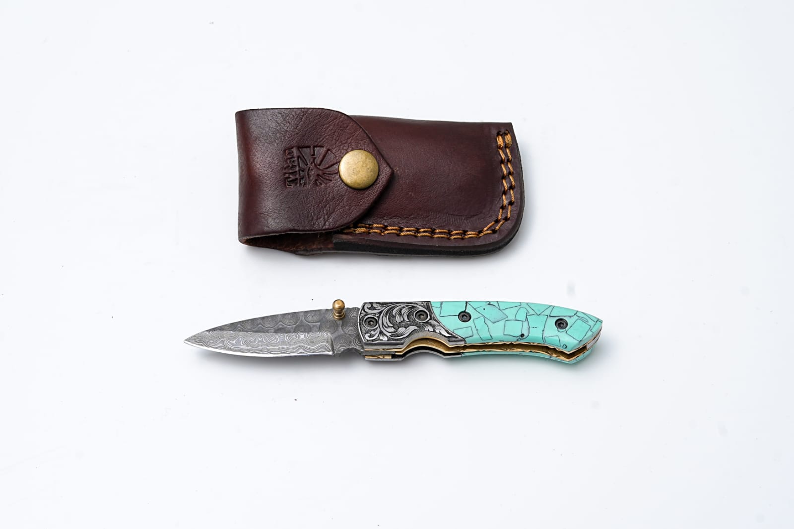 Turquoise Damascus Folding Knife – Hand Engraved Bolster Edition - TK-414