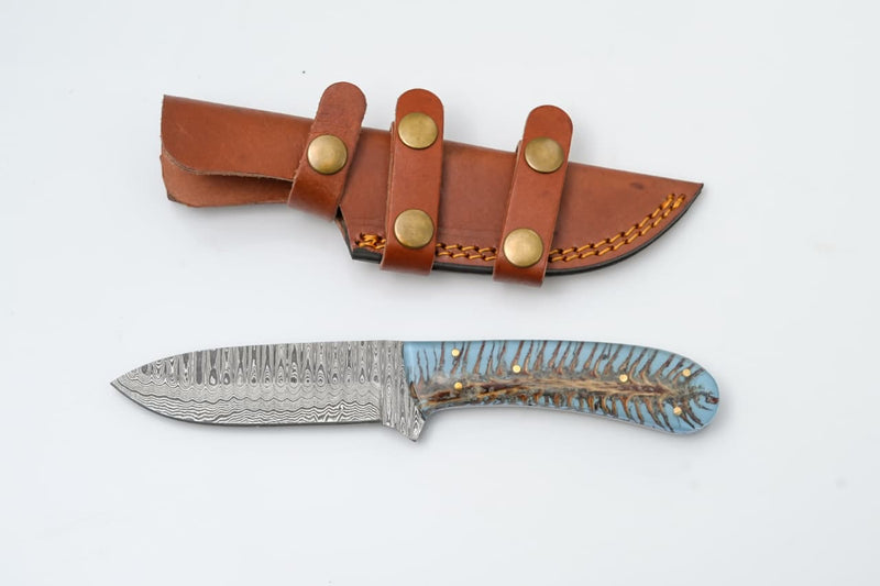 Custom Damascus Steel Knife with Blue Resin & Bone Handle - TK-425