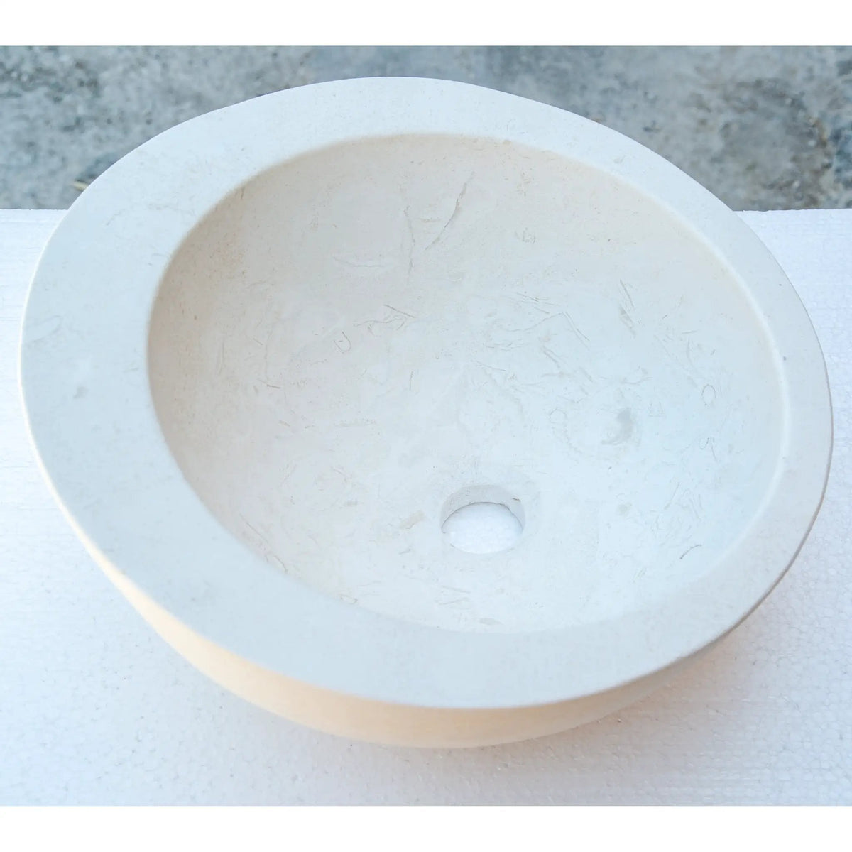 White Fossil Limestone Circular Vessel Sink Handcrafted For Bathroom