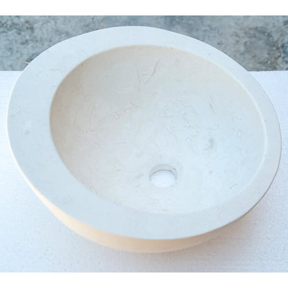 White Fossil Limestone Circular Vessel Sink Handcrafted For Bathroom