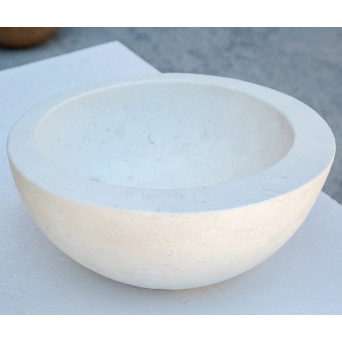 White Fossil Limestone Circular Vessel Sink Handcrafted For Bathroom
