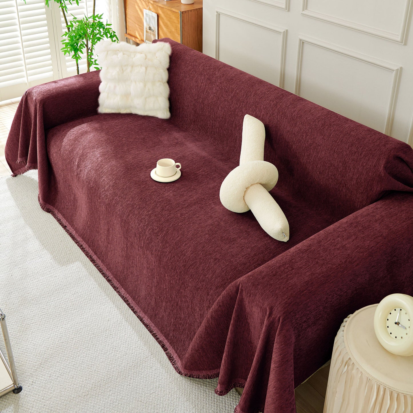 Solid Color Chenille Sofa Throw Blanket, Soft & Plush Decorative Couch Throw Cover