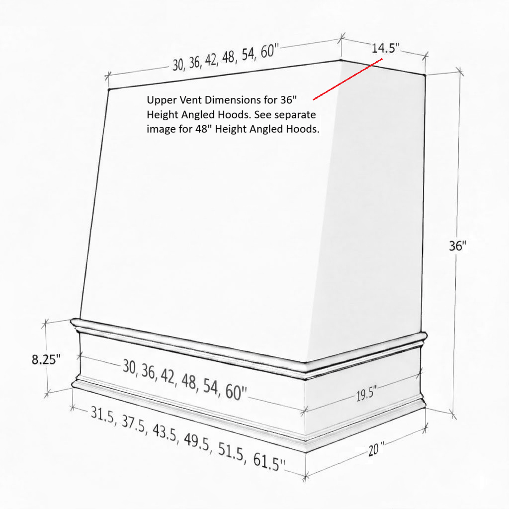 Wood Range Hood With Angled Front and Decorative Trim - 30", 36", 42", 48", 54" and 60" Widths Available