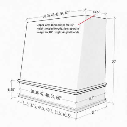 Wood Range Hood With Angled Front and Decorative Trim - 30", 36", 42", 48", 54" and 60" Widths Available
