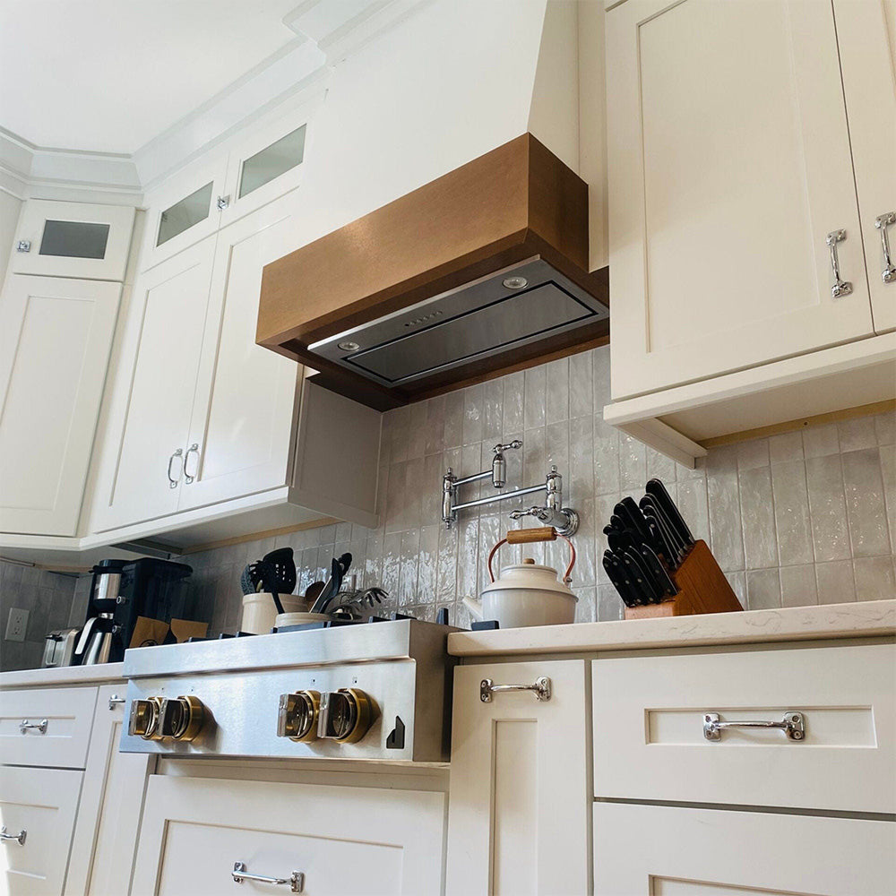 Wood Range Hood With Angled Front and Walnut Band - 30", 36", 42", 48", 54" and 60" Widths Available