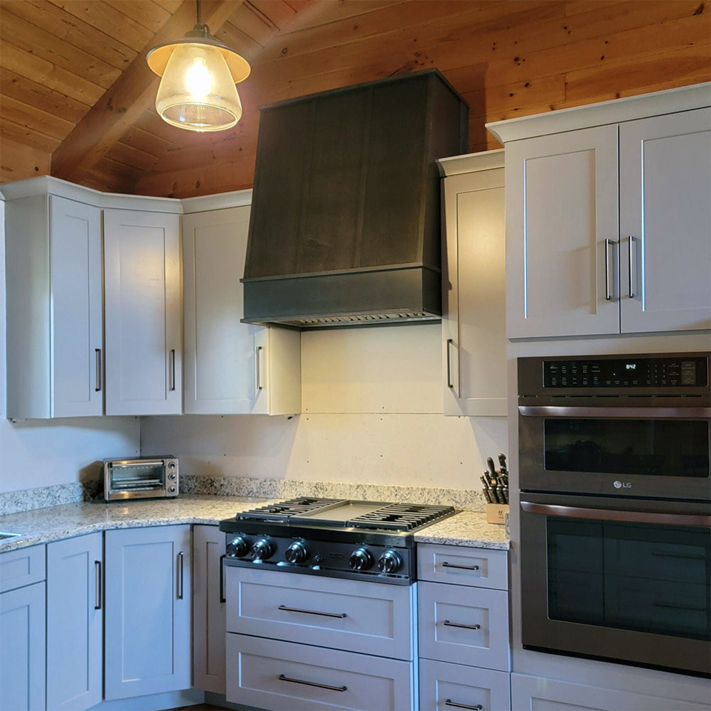 Wood Range Hood With Angled Strapped Front and Block Trim - 30", 36", 42", 48", 54" and 60" Widths Available