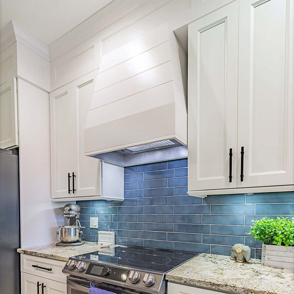 Wood Range Hood With Tapered Shiplap Front and Block Trim - 30", 36", 42", 48", 54" and 60" Widths Available