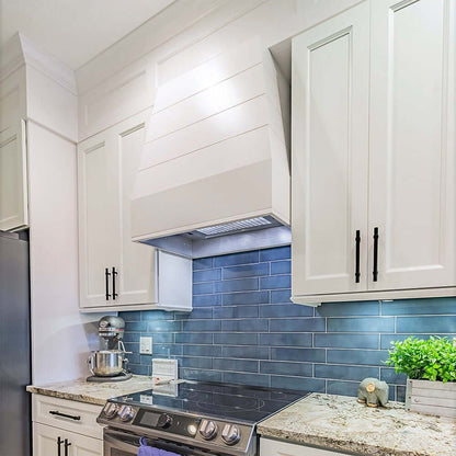 Wood Range Hood With Tapered Shiplap Front and Block Trim - 30", 36", 42", 48", 54" and 60" Widths Available