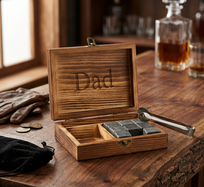 Wood Box Whiskey Stone Set