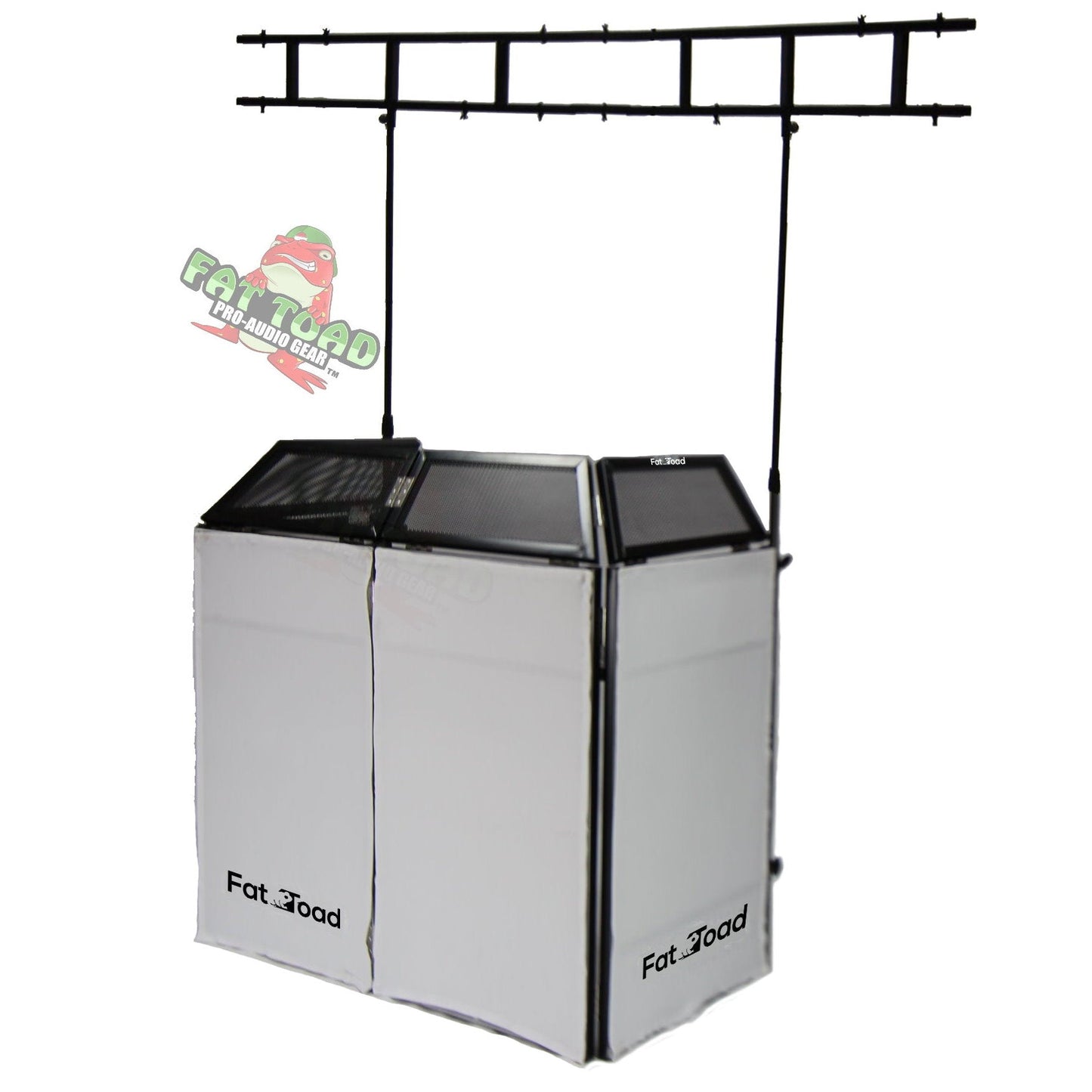 DJ Booth Tabletop With 8FT Lighting Truss Stand Package by FAT TOAD - Foldable Panel Portable Stage Platform Facade Scrim Cover, Video Light Display