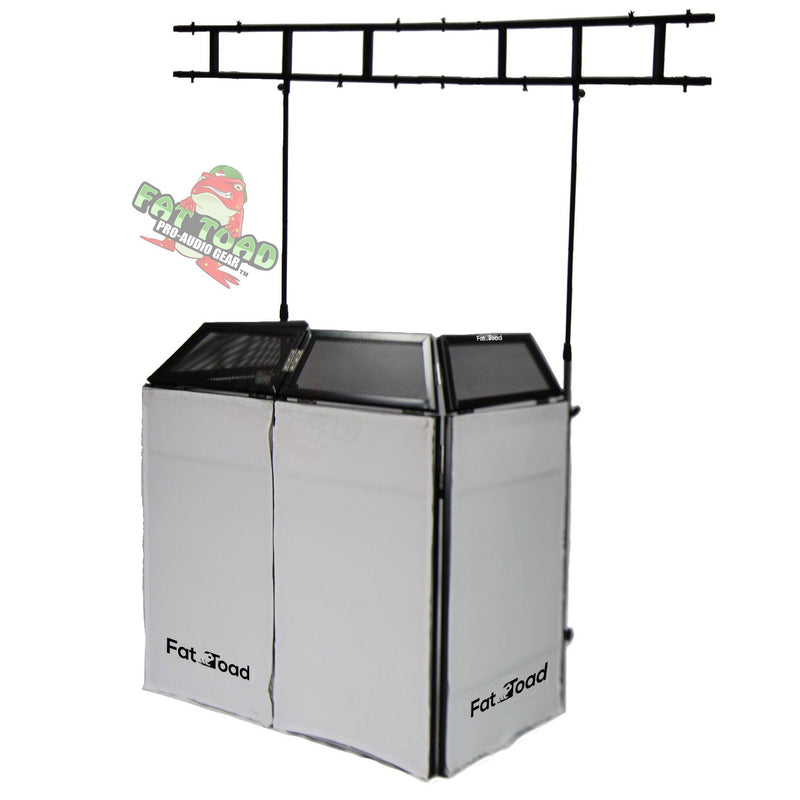 DJ Booth Tabletop With 8FT Lighting Truss Stand Package by FAT TOAD - Foldable Panel Portable Stage Platform Facade Scrim Cover, Video Light Display