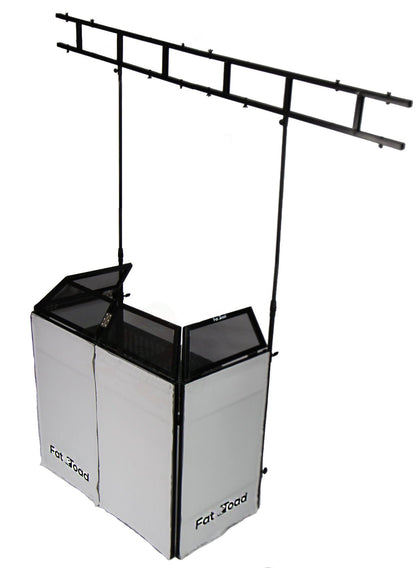 DJ Booth Tabletop With 8FT Lighting Truss Stand Package by FAT TOAD - Foldable Panel Portable Stage Platform Facade Scrim Cover, Video Light Display