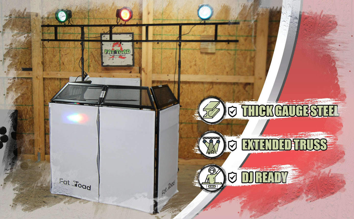 DJ Booth Tabletop With 8FT Lighting Truss Stand Package by FAT TOAD - Foldable Panel Portable Stage Platform Facade Scrim Cover, Video Light Display