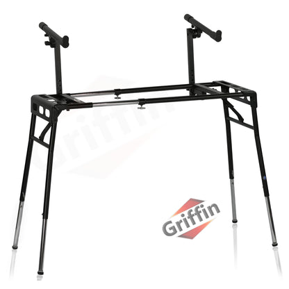 GRIFFIN 2-Tier DJ Coffin Workstation Stand | Double Table Top Keyboard & Laptop Holder | Digital Piano Rack Mount Platform for Studio Mixer Controllers, Turntable, Speakers, & Stage Equipment