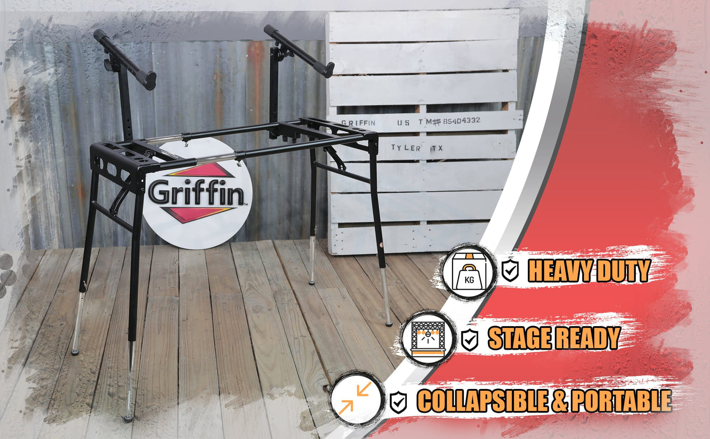 GRIFFIN 2-Tier DJ Coffin Workstation Stand | Double Table Top Keyboard & Laptop Holder | Digital Piano Rack Mount Platform for Studio Mixer Controllers, Turntable, Speakers, & Stage Equipment