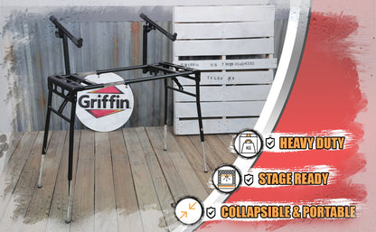 GRIFFIN 2-Tier DJ Coffin Workstation Stand | Double Table Top Keyboard & Laptop Holder | Digital Piano Rack Mount Platform for Studio Mixer Controllers, Turntable, Speakers, & Stage Equipment
