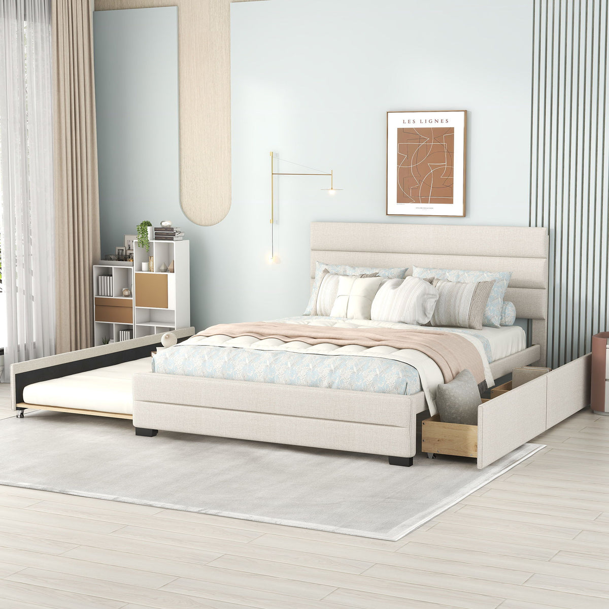 Queen Platform Bed With Twin Trundle And 2 Storage Drawers - Beige