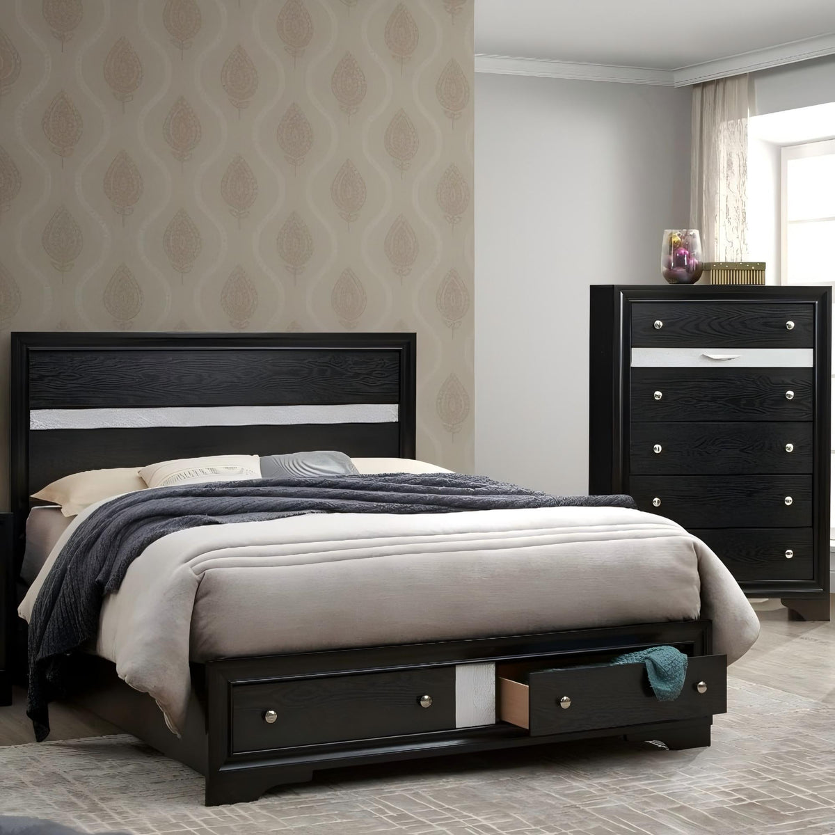 Madrid - Queen Bed With Storage Drawers And Nickel Handles - Black