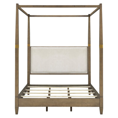 Queen Canopy Bed Frame With Upholstered Headboard - Brown