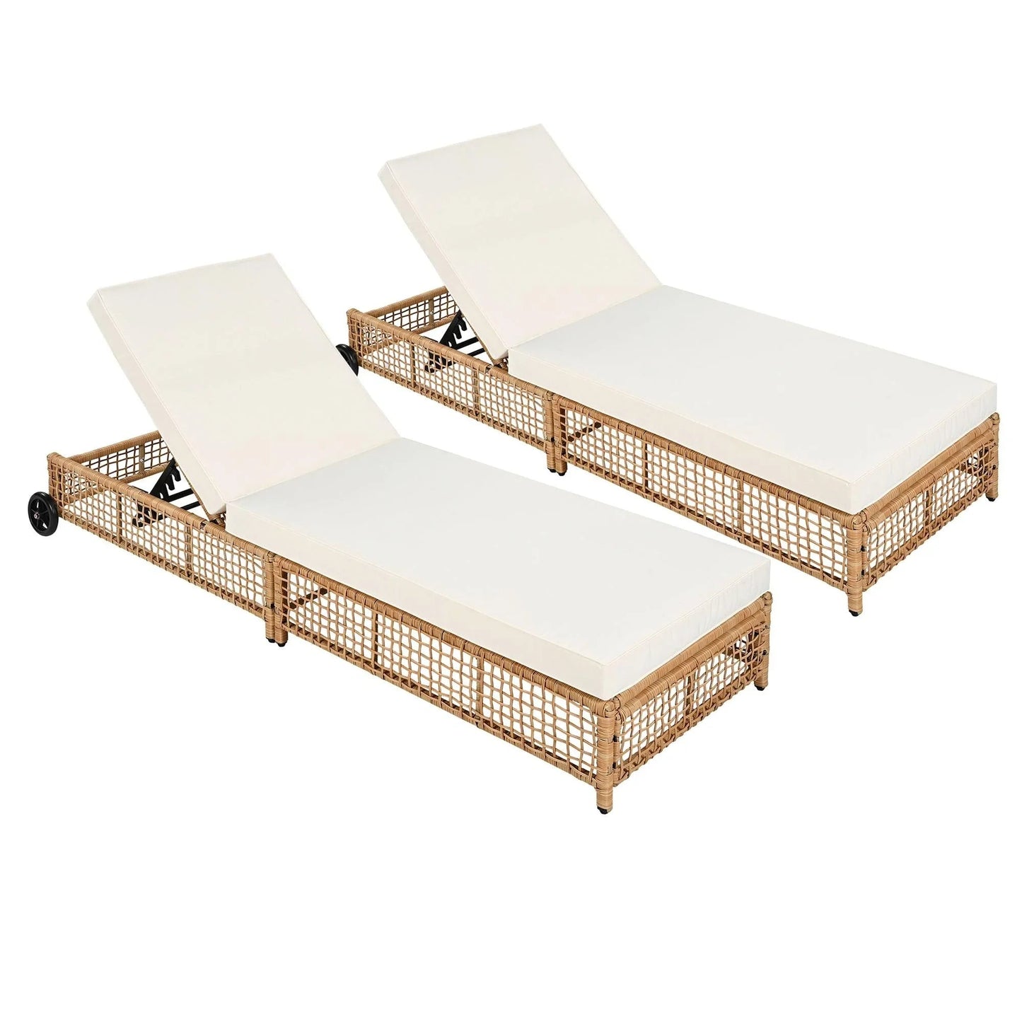 Outdoor Lounge Chair, Patio Chaise Lounge with 5-Position Backrest, Rattan Outdoor Lounge Chair with Cushion and Wheels for Poolside, Backyard, Garden