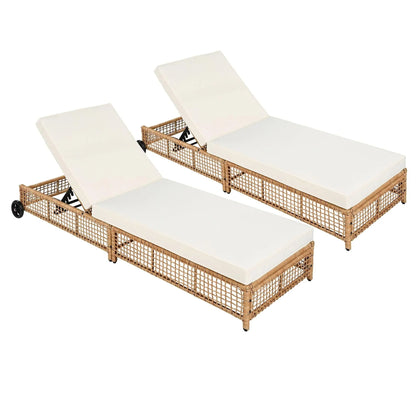 Outdoor Lounge Chair, Patio Chaise Lounge with 5-Position Backrest, Rattan Outdoor Lounge Chair with Cushion and Wheels for Poolside, Backyard, Garden