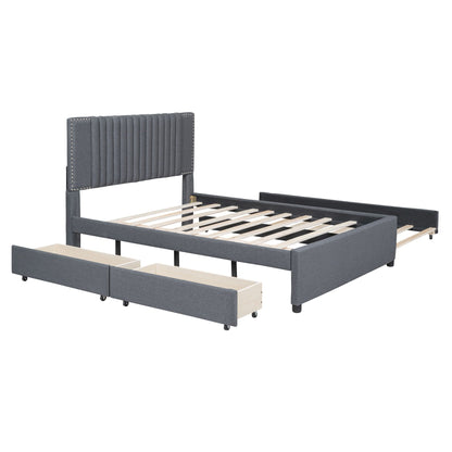 Upholstered Platform Bed With Drawers, Classic Headboard Design