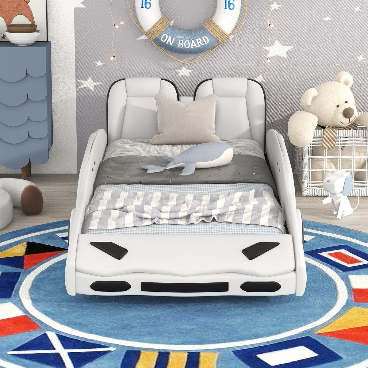 Race Car Shaped Twin Platform Bed With Wheels, Pine Wood Construction