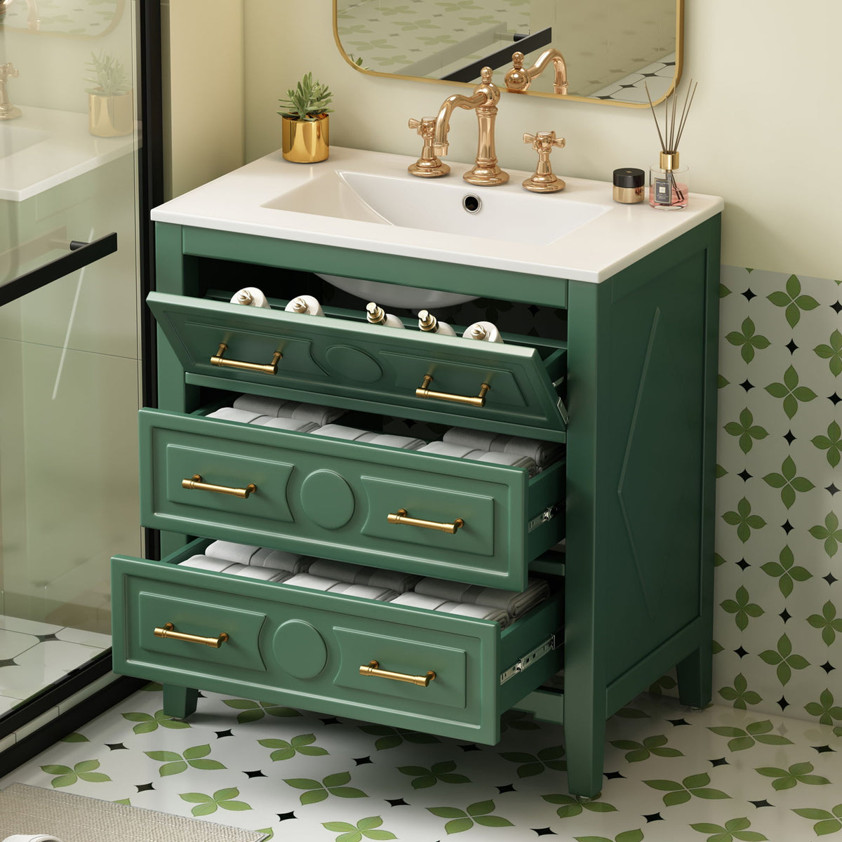 Retro Bathroom Vanity With Sink Combo, Free Standing Single Set With 3 Drawers