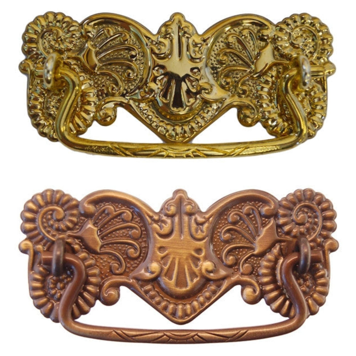 Ornate Victorian Drawer Pull Brass or Antique Finish, 3" Center-to-Center, Stamped Back Plate, Cast Bail
