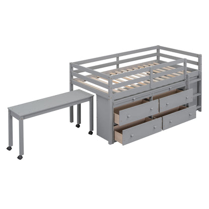 Loft Bed With Retractable Writing Desk And 4 Drawers, With Lateral Portable Desk And Shelves