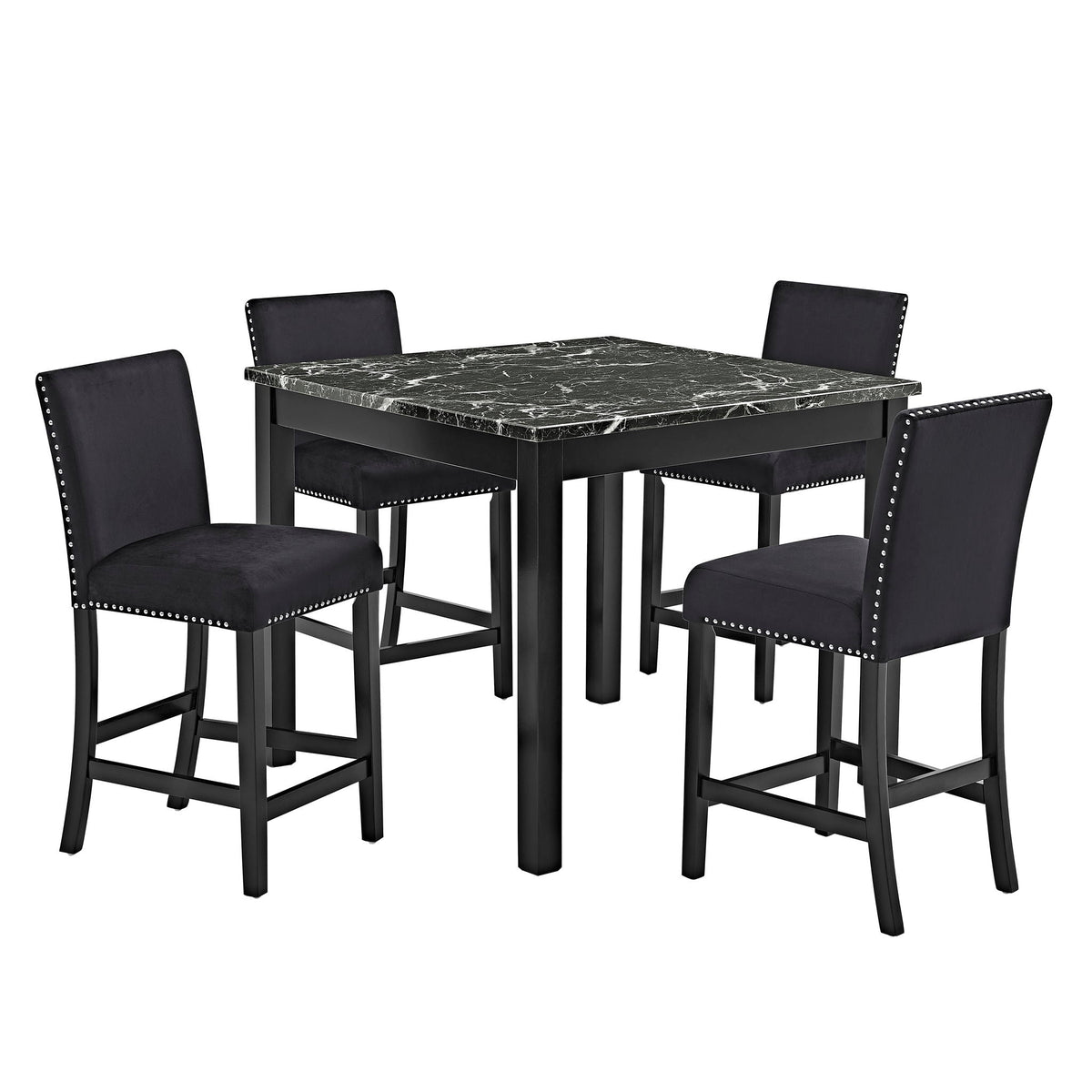 5 Piece Counter Height Dining Set With Table, Tufted Nail Head Chairs - Black