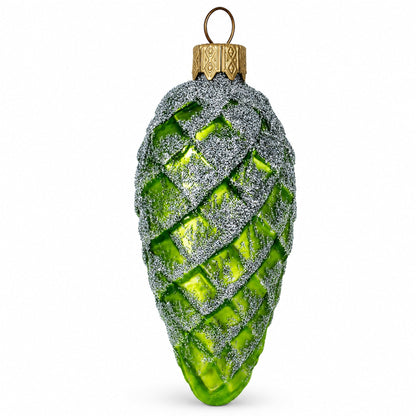 Green Pinecone with Silver Glitter Glass Christmas Ornament