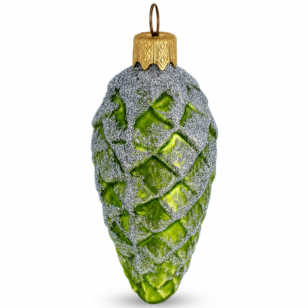 Green Pinecone with Silver Glitter Glass Christmas Ornament