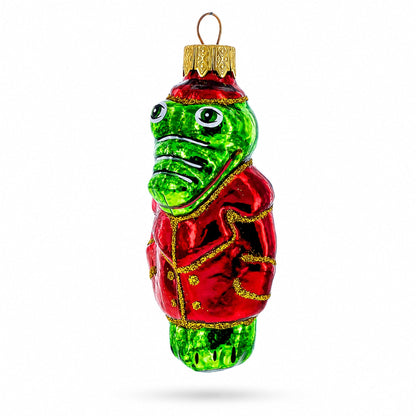 Crocodile in Red Jacket Glass Christmas Ornament