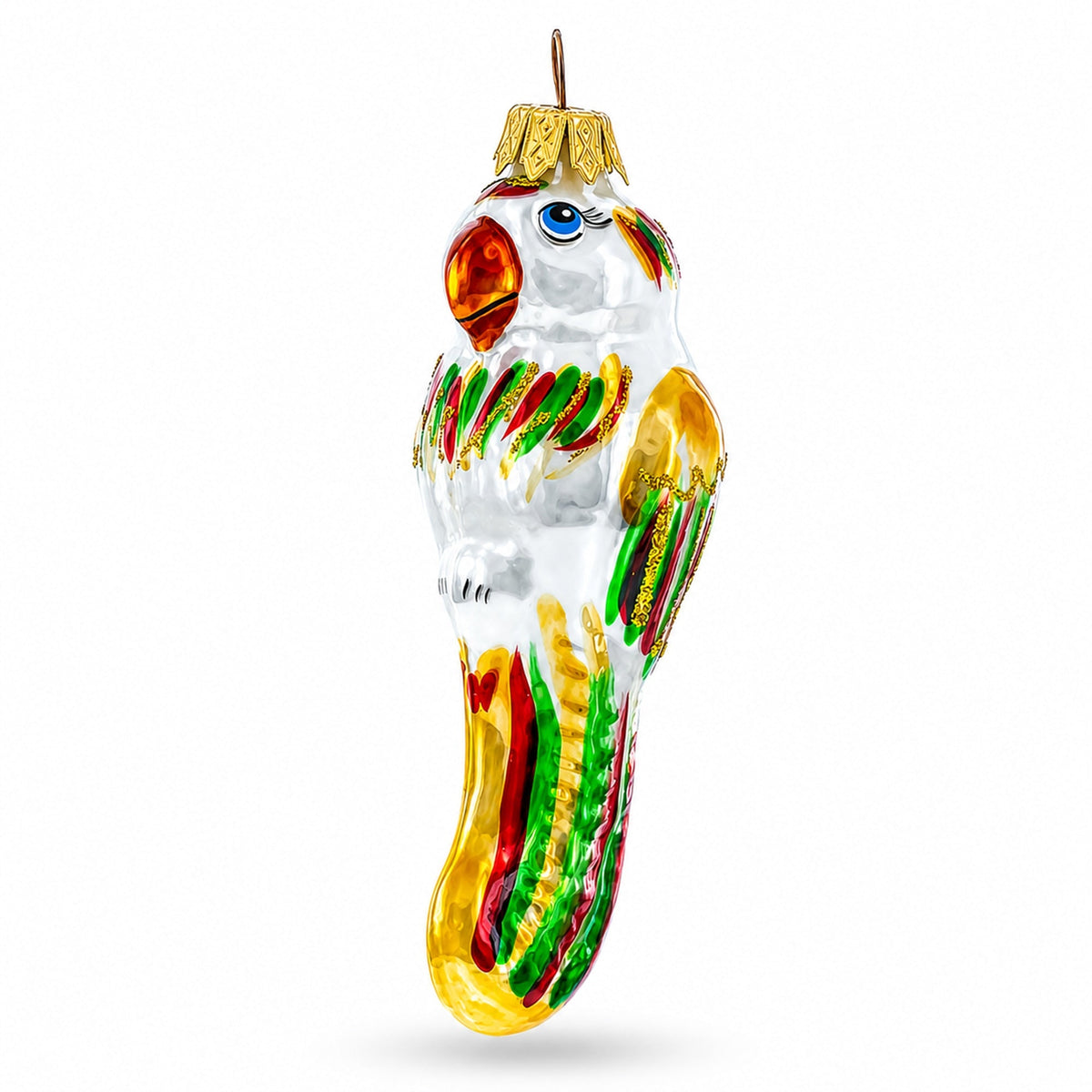 Rainbow-Tailed Parrot Glass Christmas Ornament