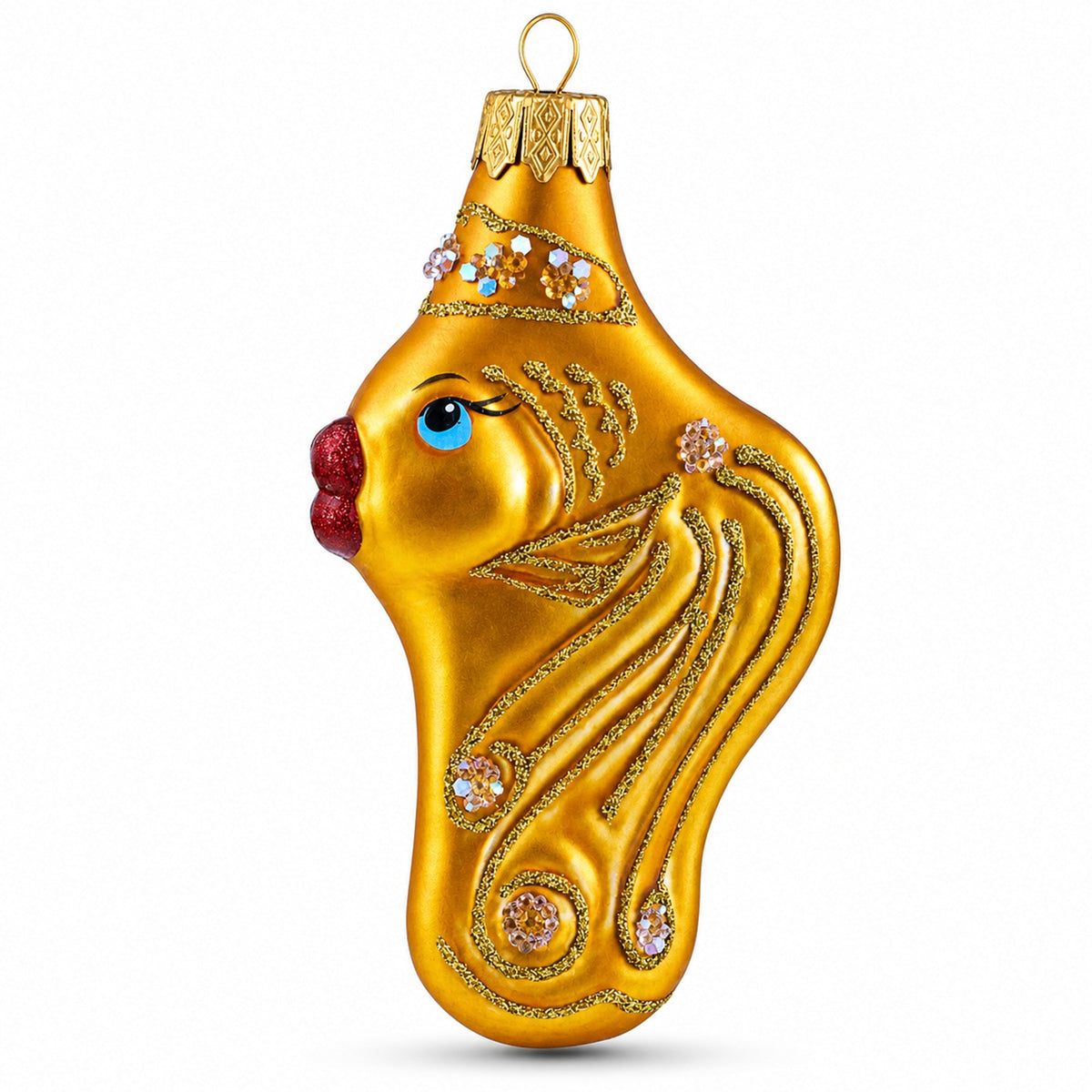 Gold Fish with Red Lips and Blue Eyes Glass Christmas Ornament