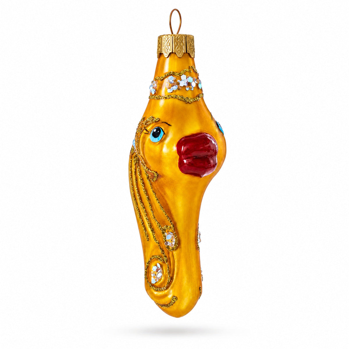 Gold Fish with Red Lips and Blue Eyes Glass Christmas Ornament