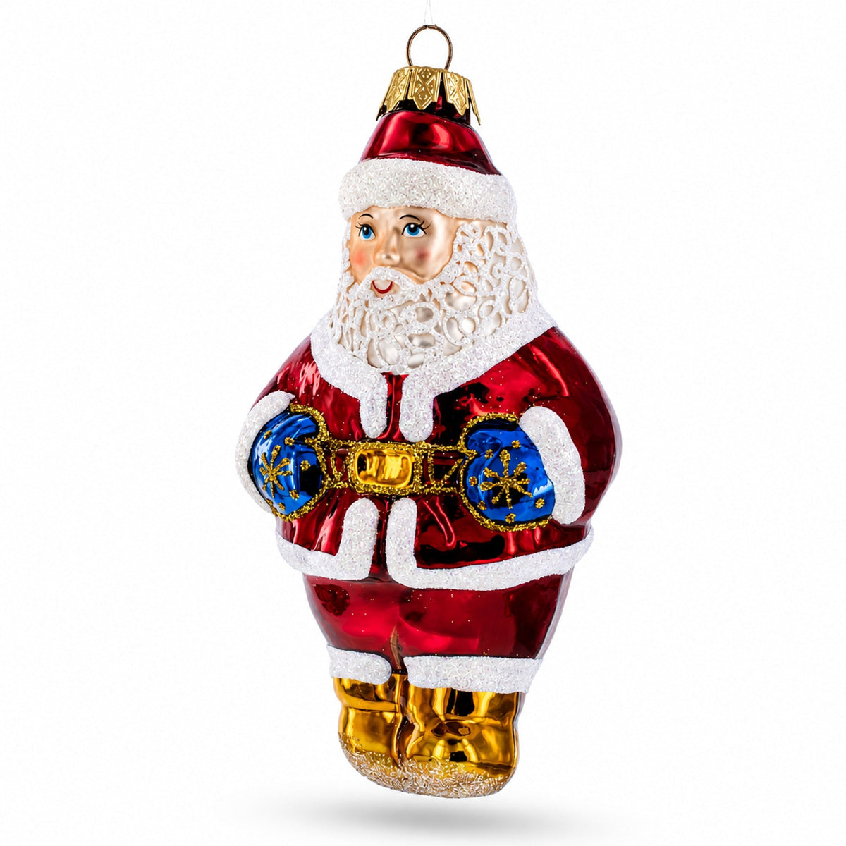 Santa with Blue Mittens Glass Christmas Ornament