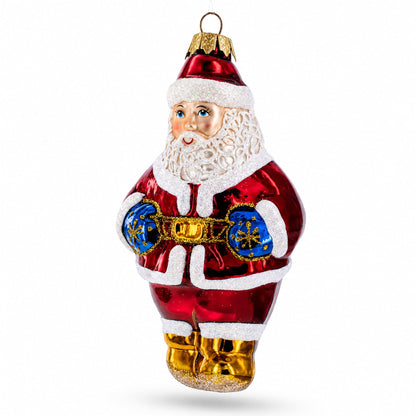 Santa with Blue Mittens Glass Christmas Ornament