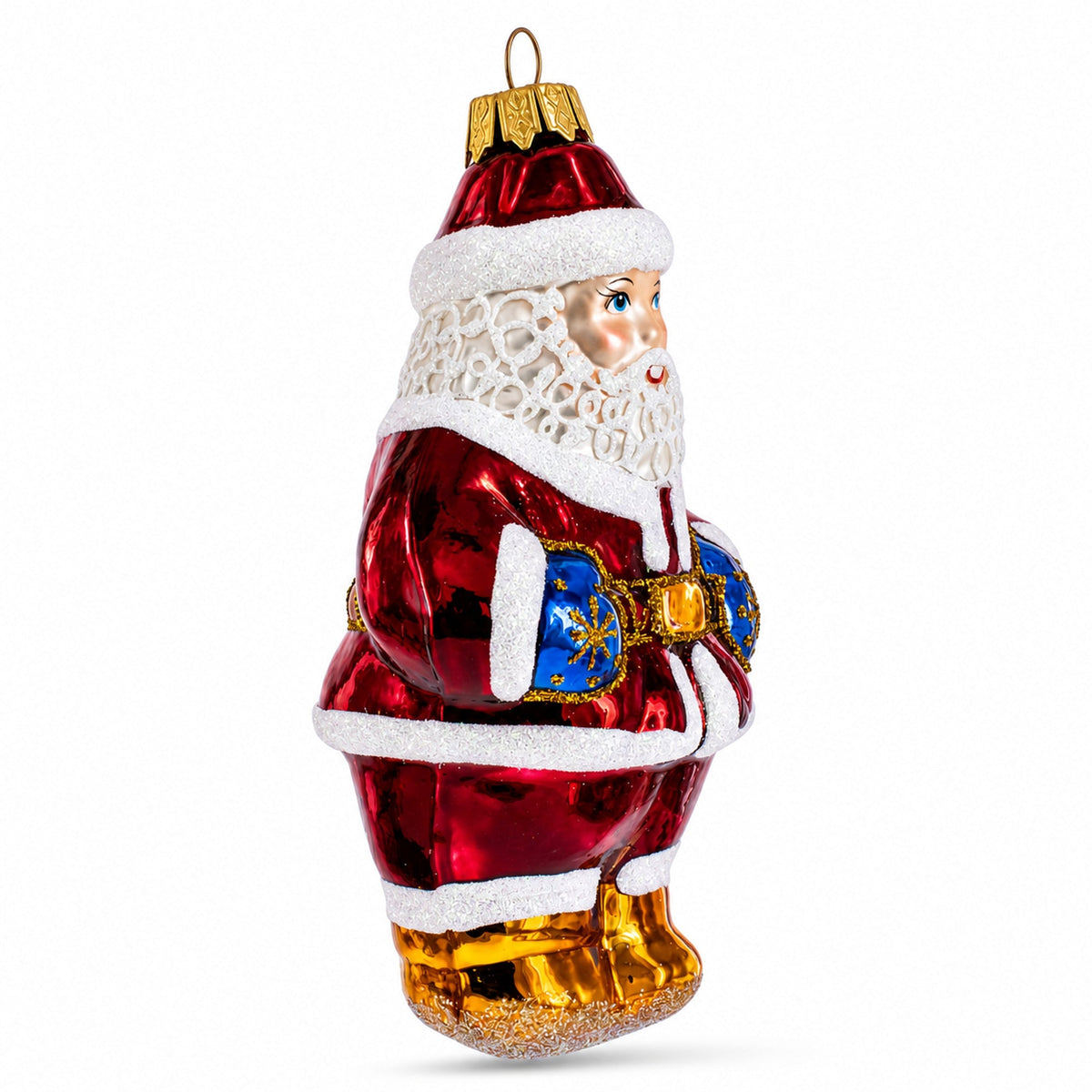 Santa with Blue Mittens Glass Christmas Ornament