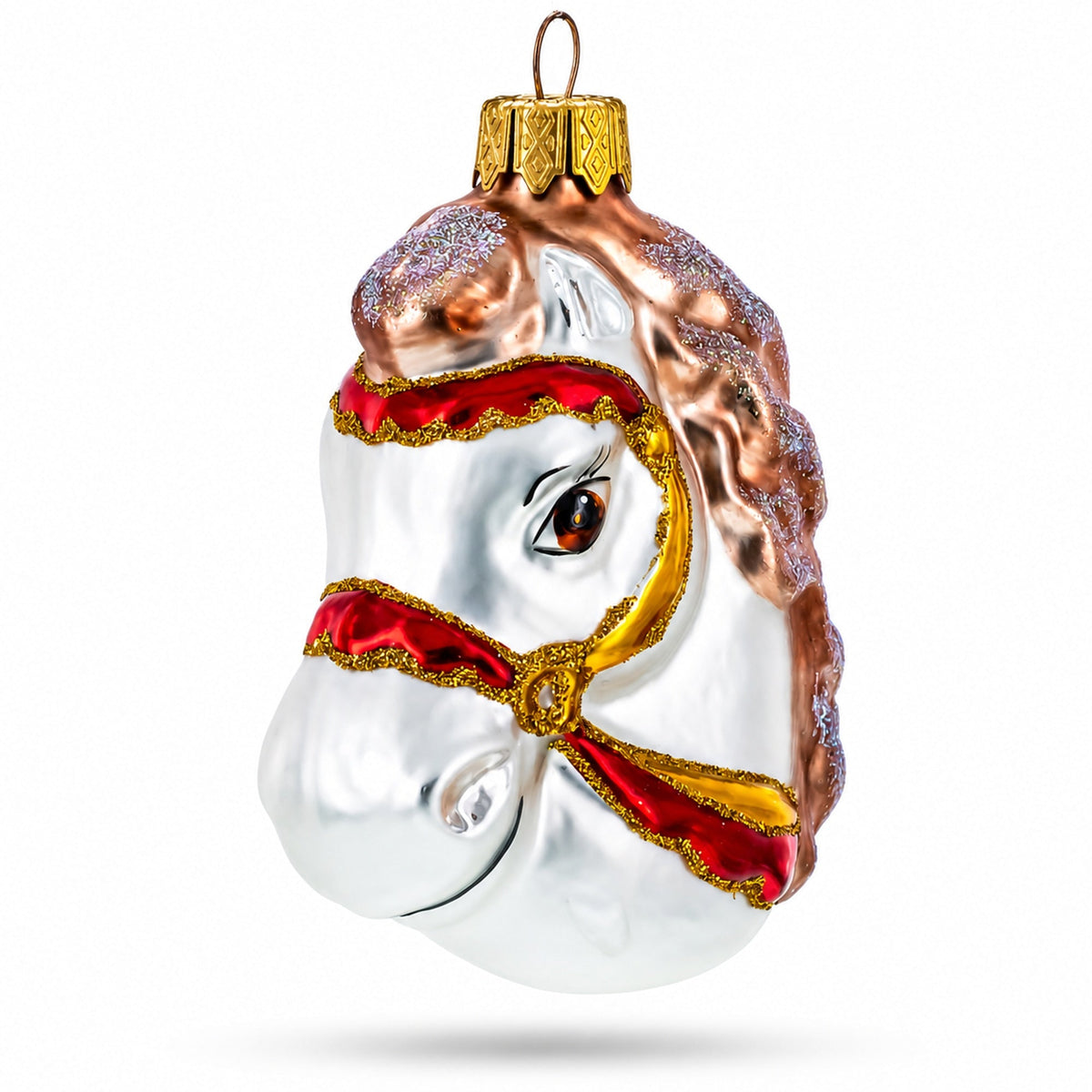 White Horse Head with Golden Bridle Glass Christmas Ornaments