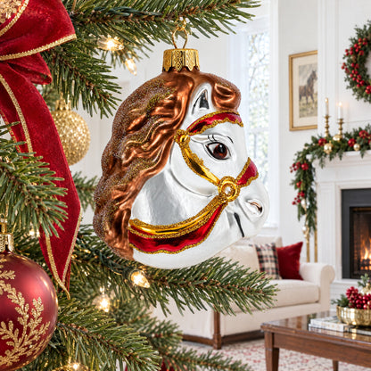 White Horse Head with Golden Bridle Glass Christmas Ornaments