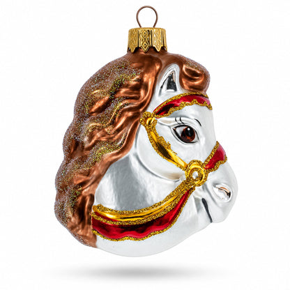 White Horse Head with Golden Bridle Glass Christmas Ornaments